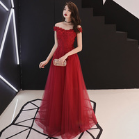 Burgundy lace tulle long prom dress, evening dress - Thumbnail 1