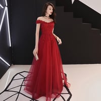 Burgundy lace tulle long prom dress, evening dress - Thumbnail 2