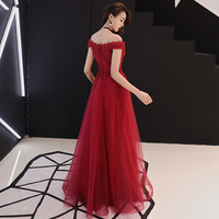 Burgundy lace tulle long prom dress, evening dress - Thumbnail 3