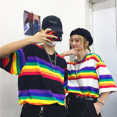 Free shipping-rainbow stripe tee - Thumbnail 4