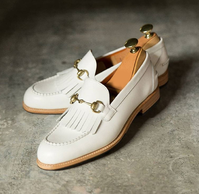 Handmade White Leather Shoes, Men's Fringe Loafer Slip On Shoes