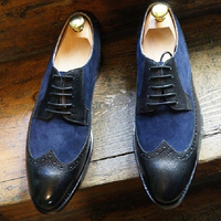 Handmade Black Navy Blue Suede Leather Shoes, Men's Wing Tip Lace Up Shoes - Thumbnail 1