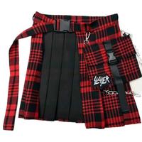 Red Checker Belt Chain High Waist Pantskirt with Pocket - Thumbnail 2