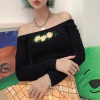 Off Shoulder Daisy Embroidery Long Sleeve T-shirt - Thumbnail 1
