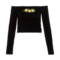 Off Shoulder Daisy Embroidery Long Sleeve T-shirt - Thumbnail 3