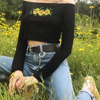 Off Shoulder Daisy Embroidery Long Sleeve T-shirt - Thumbnail 4