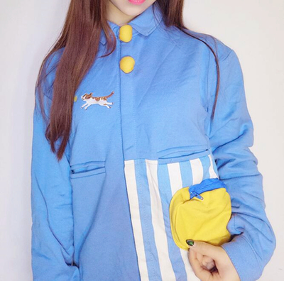 Cute Cat Embroidery Stripe Patchwork Color Block Coat