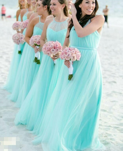 Sheer Neck Halter Long Bridesmaid Dresses
