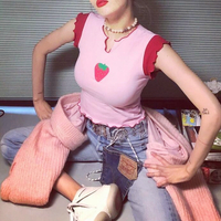 Sweet Strawberry Curled Pink Color Block Top - Thumbnail 1