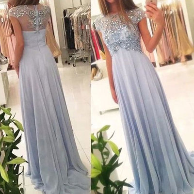 Cap sleeves long prom dresses with beaded - Thumbnail 5