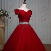 Burgundy tulle beads long prom dress, evening dress - Thumbnail 2