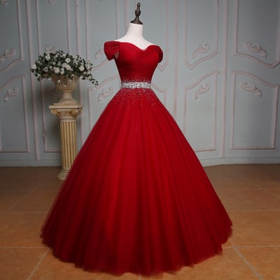 Burgundy tulle beads long prom dress, evening dress - Thumbnail 5