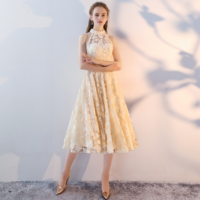 Champagne lace short prom dress, homecoming dress - Thumbnail 4