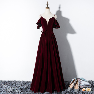 Burgundy v neck velvet long prom dress, evening dress - Thumbnail 5