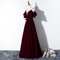 Burgundy v neck velvet long prom dress, evening dress - Thumbnail 2