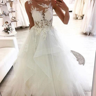 Sheer neck wedding dresses with appliques lace - Thumbnail 5