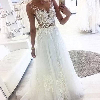 V neck tulle wedding dresses with appliques - Thumbnail 5