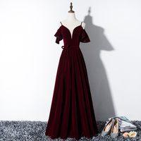 Burgundy v neck velvet long prom dress, evening dress - Thumbnail 4