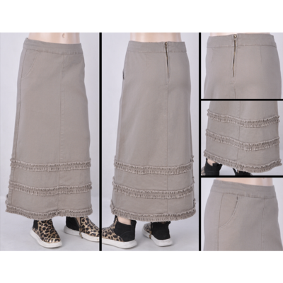 Tori khaki triple ruffle trim childrens denim skirt