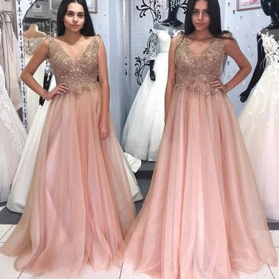 V neck long prom dresses with appliques for women - Thumbnail 5