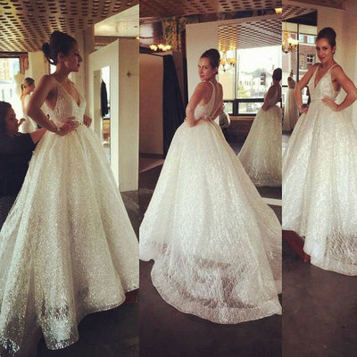 Saprkly V Neck Wedding Dresses Waist with Beaded