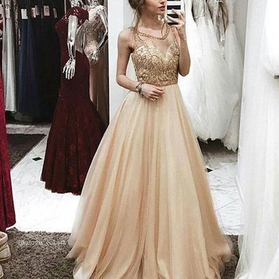 Sheer neck tulle long prom dresses with gold appliques - Thumbnail 4