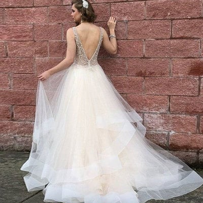V neck v back tulle prom dresses with beaded - Thumbnail 5