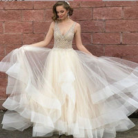 V Neck V Back Tulle Prom Dresses with Beaded - Thumbnail 1