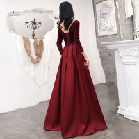 V Neck Long Sleeves Lace UP Burgundy Prom Dresses - Thumbnail 1