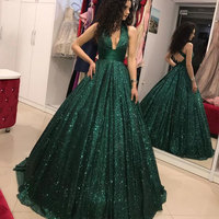 Sparkly Conversible Green Long Prom Dresses - Thumbnail 1