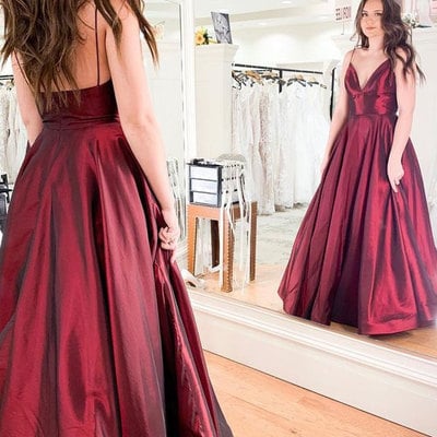 Spaghetti straps long burgundy prom dresses for women - Thumbnail 5