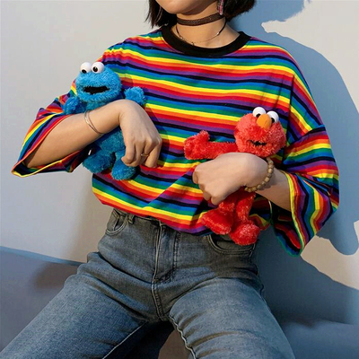 Rainbow stripe short sleeve tee