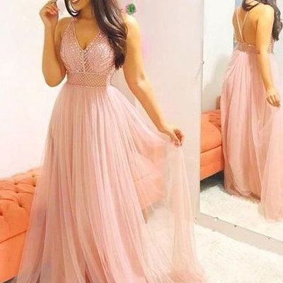 V neck long tulle prom dresses with beaded - Thumbnail 4