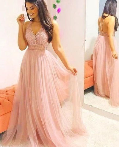 V Neck Long Tulle Prom Dresses with Beaded