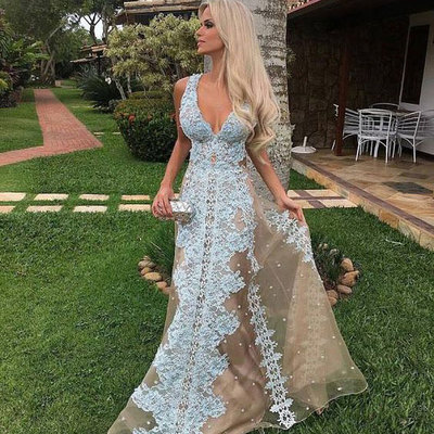 V Neck Long Prom Dresses with Appliques Pearls