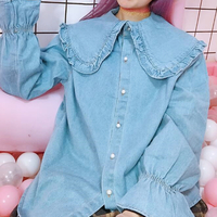Turndown Collar Long Sleeve Denim Shirt - Thumbnail 1