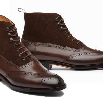 Men hand stitched leather boots, brown leather formal denim wing tip brogue ankle boot - Thumbnail 5