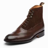 Men Hand stitched Leather Boots, Brown Leather formal Denim wing tip brogue Ankle boot - Thumbnail 2