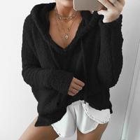 V-Neck Hooded Long-Sleeved Sweater - Thumbnail 2