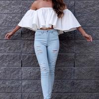 White Off The Shoulder Bell Loose Crop Top - Thumbnail 1