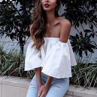 White Off The Shoulder Bell Loose Crop Top - Thumbnail 2
