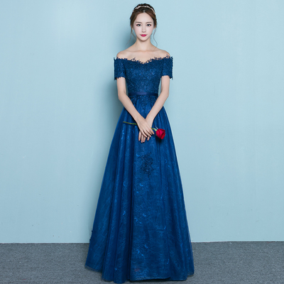 Dark blue lace long prom dress, evening dress - Thumbnail 4