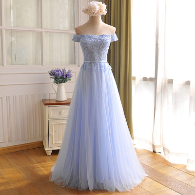 Blue tulle lace long prom dress, blue evening dress - Thumbnail 5