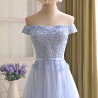 Blue tulle lace long prom dress, blue evening dress - Thumbnail 3