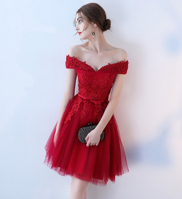 Burgundy v neck tulle lace short prom dress, evening dress
