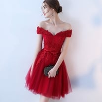 Burgundy v neck tulle lace short prom dress, evening dress