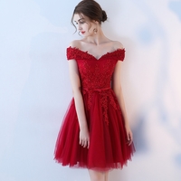 Burgundy v neck tulle lace short prom dress, evening dress - Thumbnail 1
