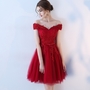 Burgundy v neck tulle lace short prom dress, evening dress-1