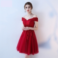 Burgundy v neck tulle lace short prom dress, evening dress - Thumbnail 2