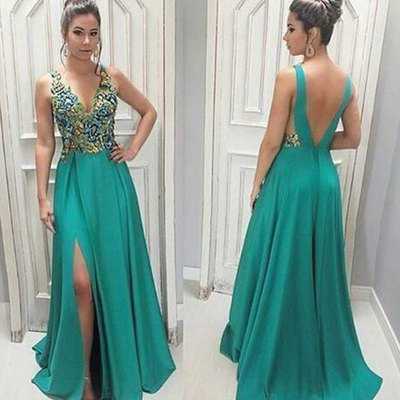 Green split side prom dresses with appliques - Thumbnail 3